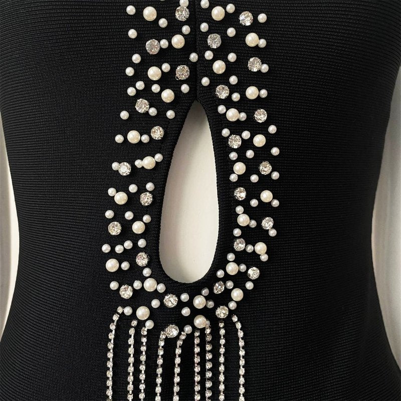 Black Cutout Beaded Fringe Mini Dress H5949
