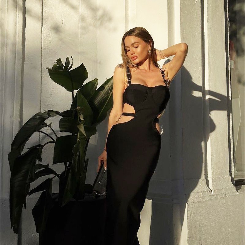 Black Cutout Gold Accent Gown H6034