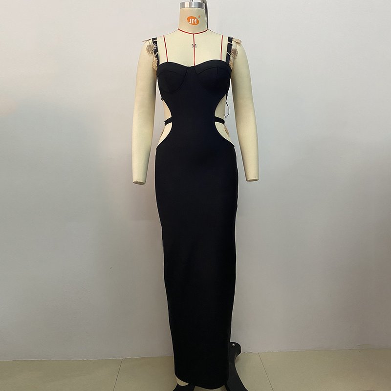 Black Cutout Gold Accent Gown H6034