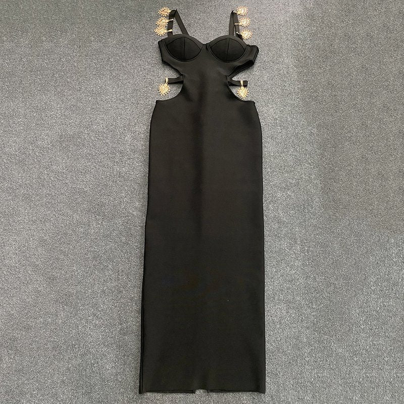 Black Cutout Gold Accent Gown H6034