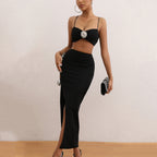 Black Cutout Rose Embellished Midi Dress H6216