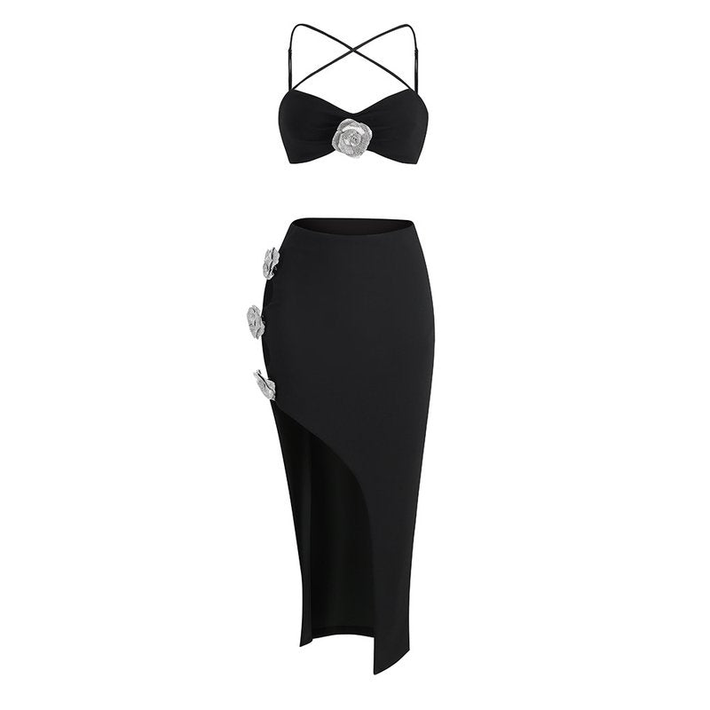 Black Cutout Rose Embellished Midi Dress H6216