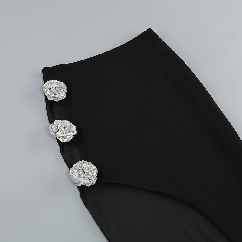 Black Cutout Rose Embellished Midi Dress H6216