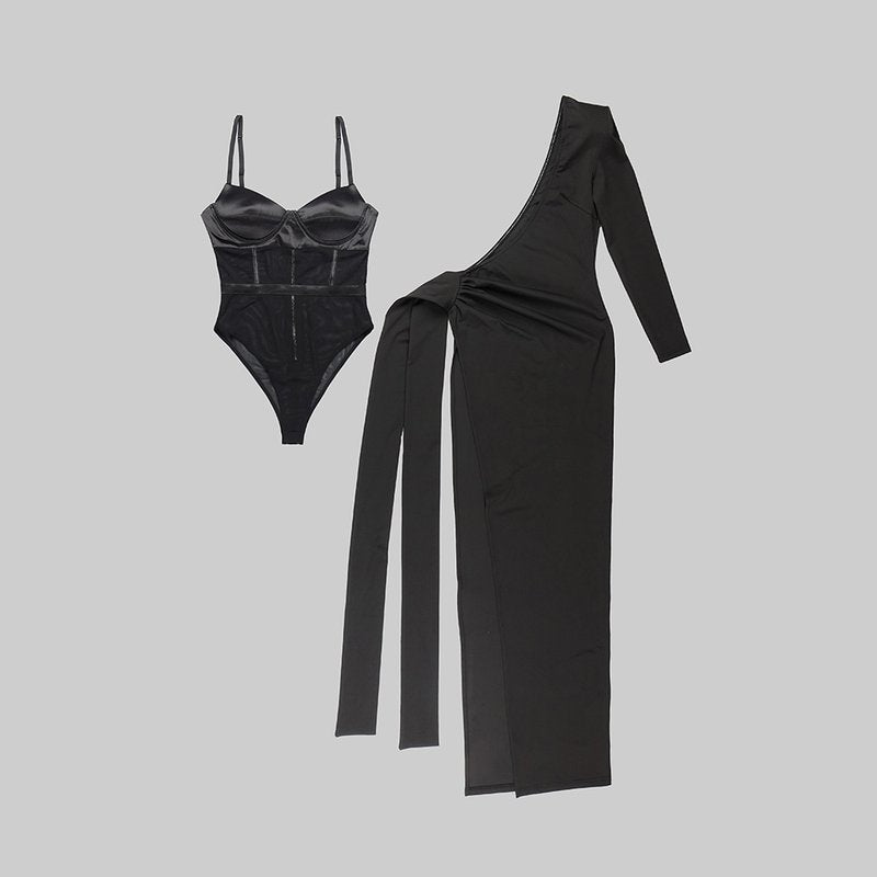 Black Cutout Sheer Sleeve Gown H5962