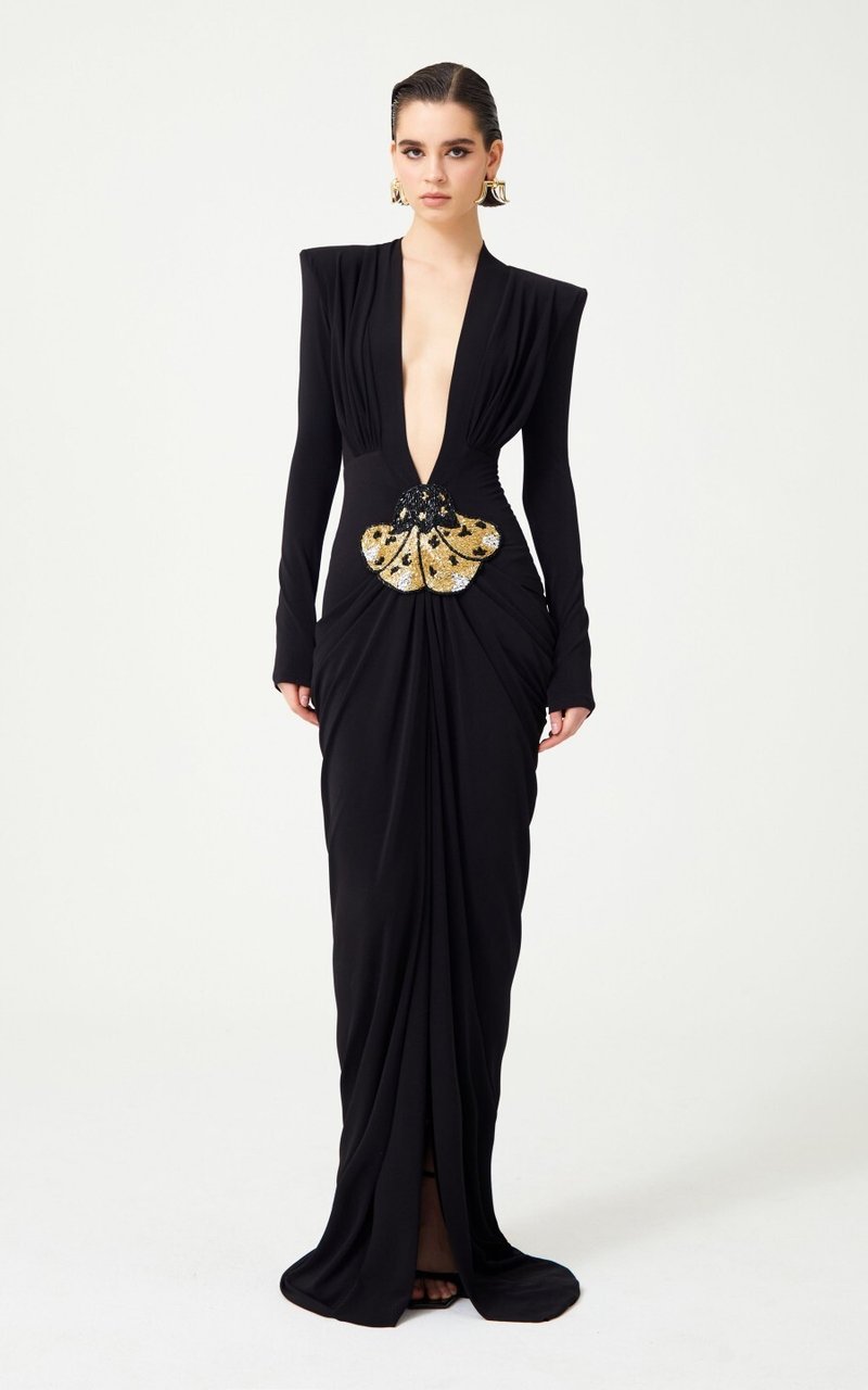 Black Deep V-Neck Embellished Gown H6546