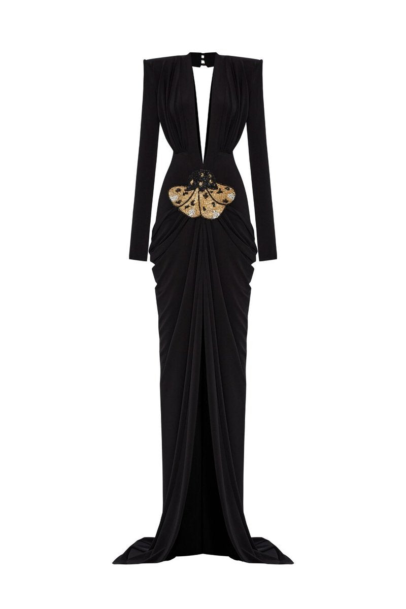 Black Deep V-Neck Embellished Gown H6546
