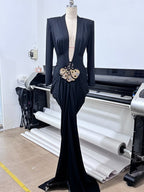 Black Deep V-Neck Embellished Gown H6546