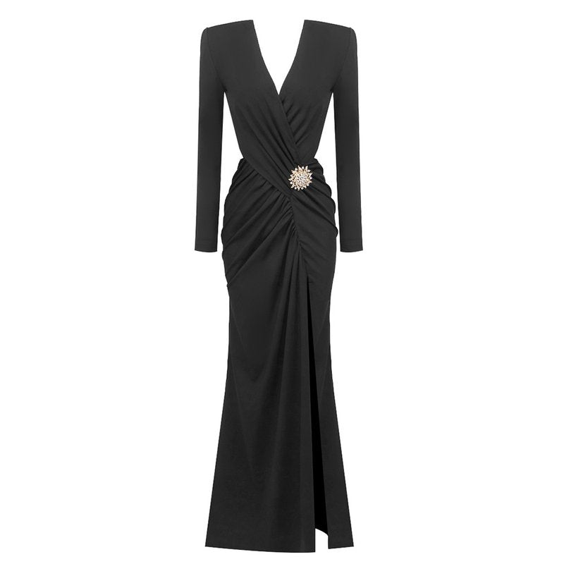 Black Draped Slit Maxi Dress H5808