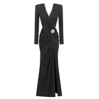 Black Draped Slit Maxi Dress H5808
