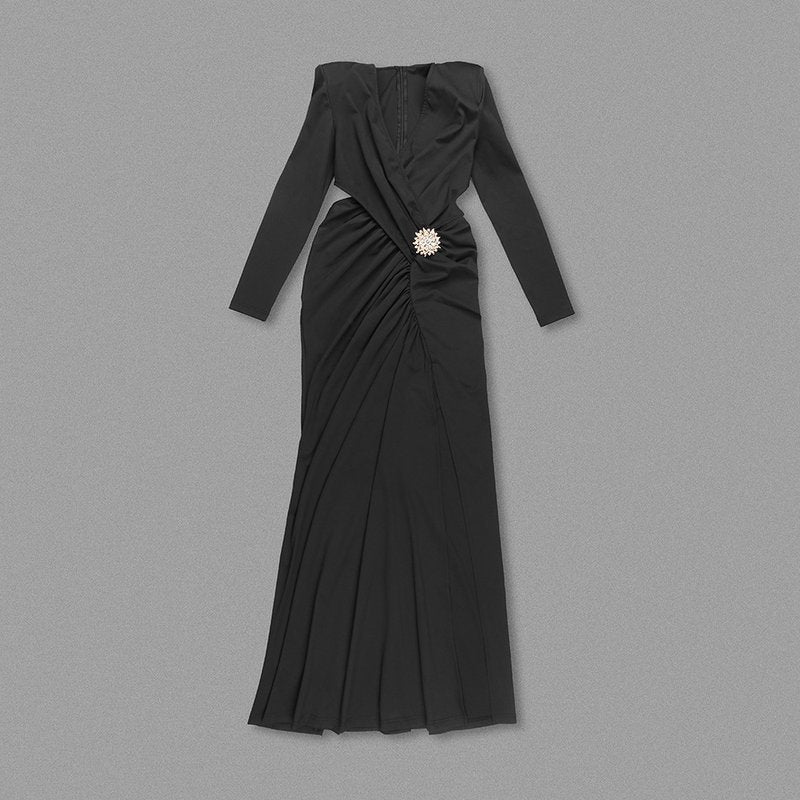 Black Draped Slit Maxi Dress H5808