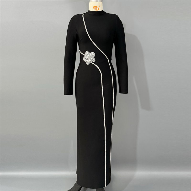 Black Embellished Asymmetric Maxi Dress H6646