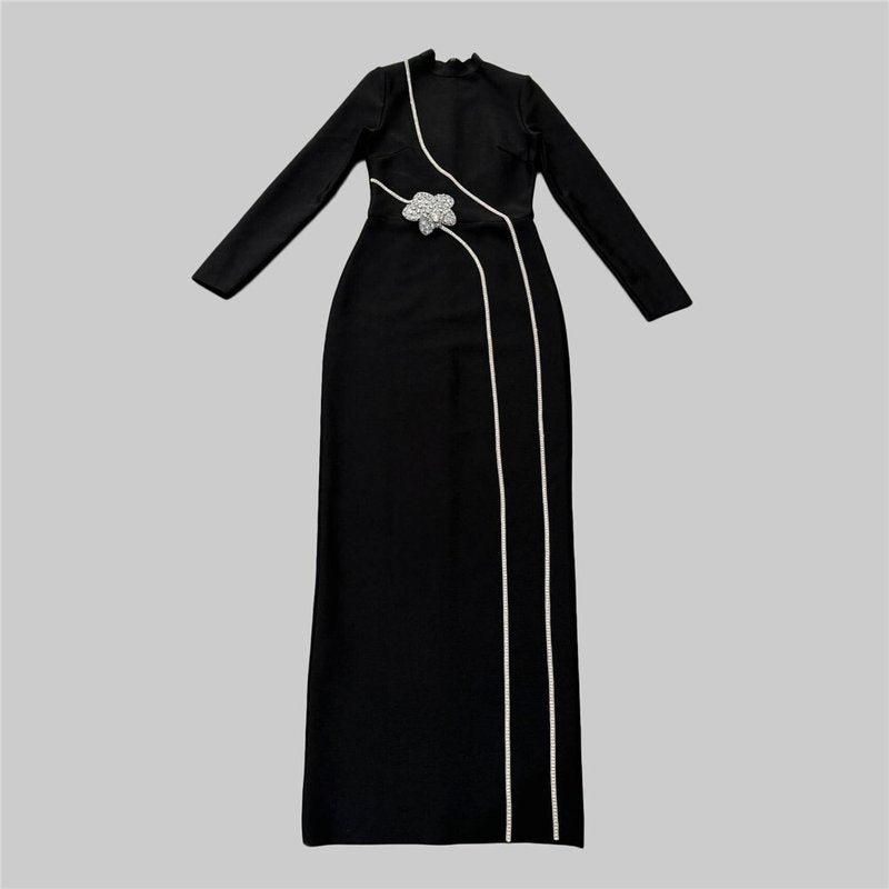 Black Embellished Asymmetric Maxi Dress H6646