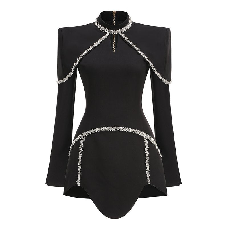 Black Embellished Cape Bodysuit H6666