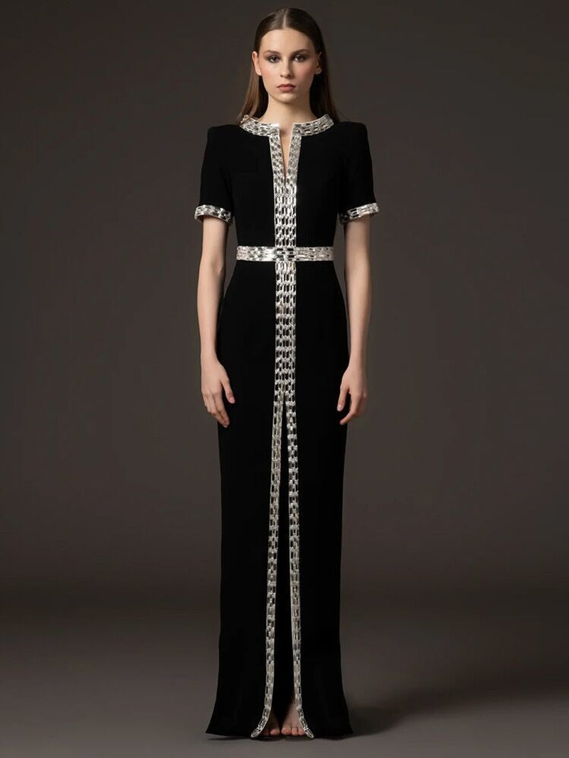 Black Embellished Chain Detail Gown H6736