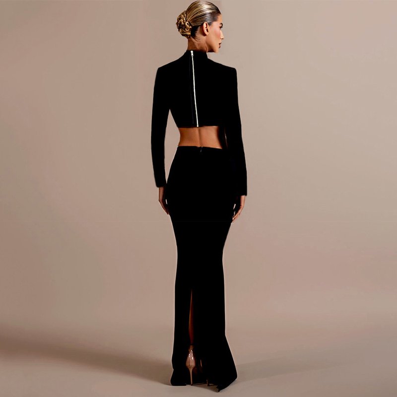 Black Embellished Crop Top & Skirt Set H6825