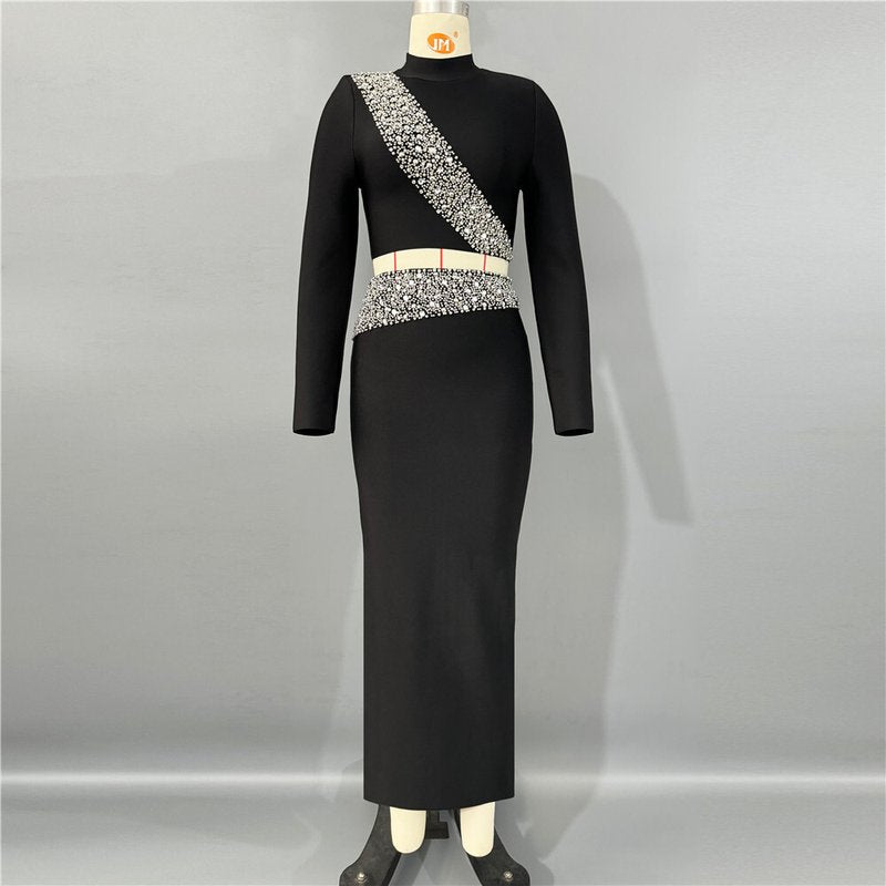 Black Embellished Crop Top & Skirt Set H6825