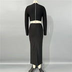 Black Embellished Crop Top & Skirt Set H6825