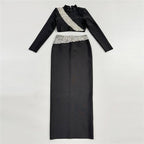 Black Embellished Crop Top & Skirt Set H6825