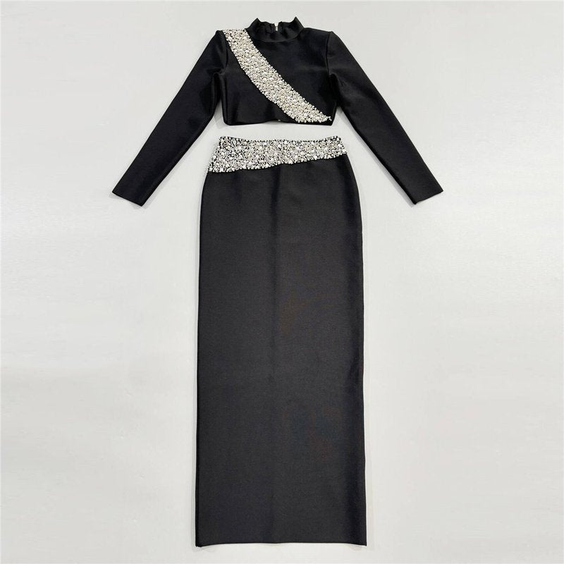 Black Embellished Crop Top & Skirt Set H6825