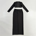 Black Embellished Crop Top & Skirt Set H6825