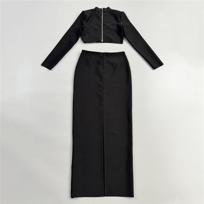 Black Embellished Crop Top & Skirt Set H6825
