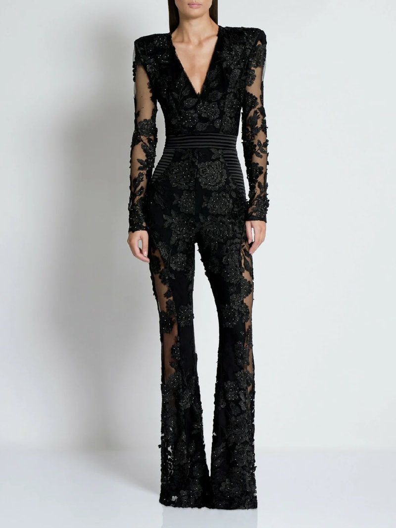 Black Embellished Floral Sheer Jumpsuit H6596
