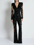 Black Embellished Floral Sheer Jumpsuit H6596