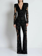 Black Embellished Floral Sheer Jumpsuit H6596