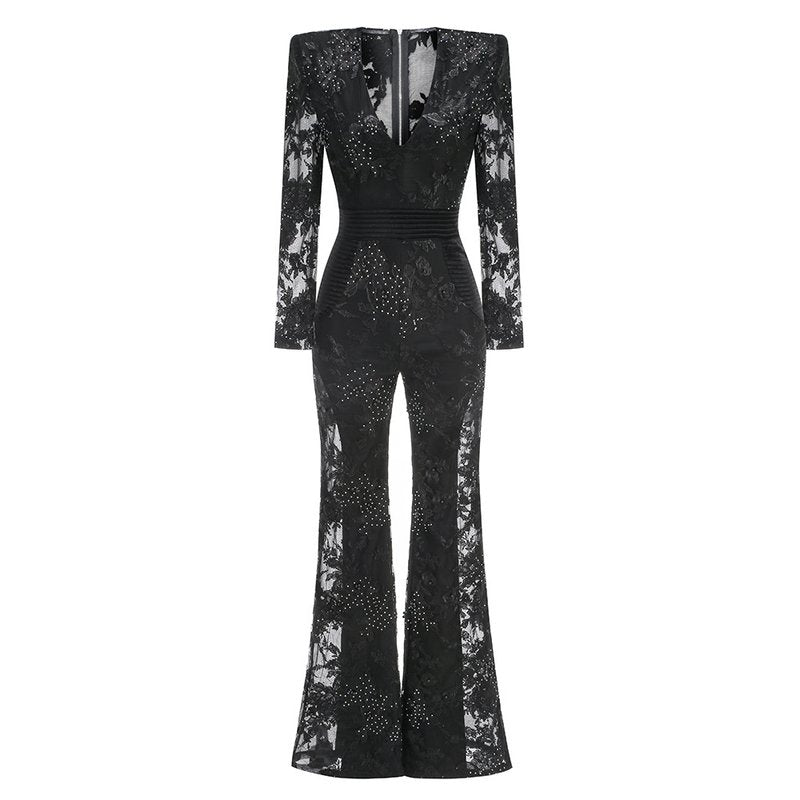 Black Embellished Floral Sheer Jumpsuit H6596