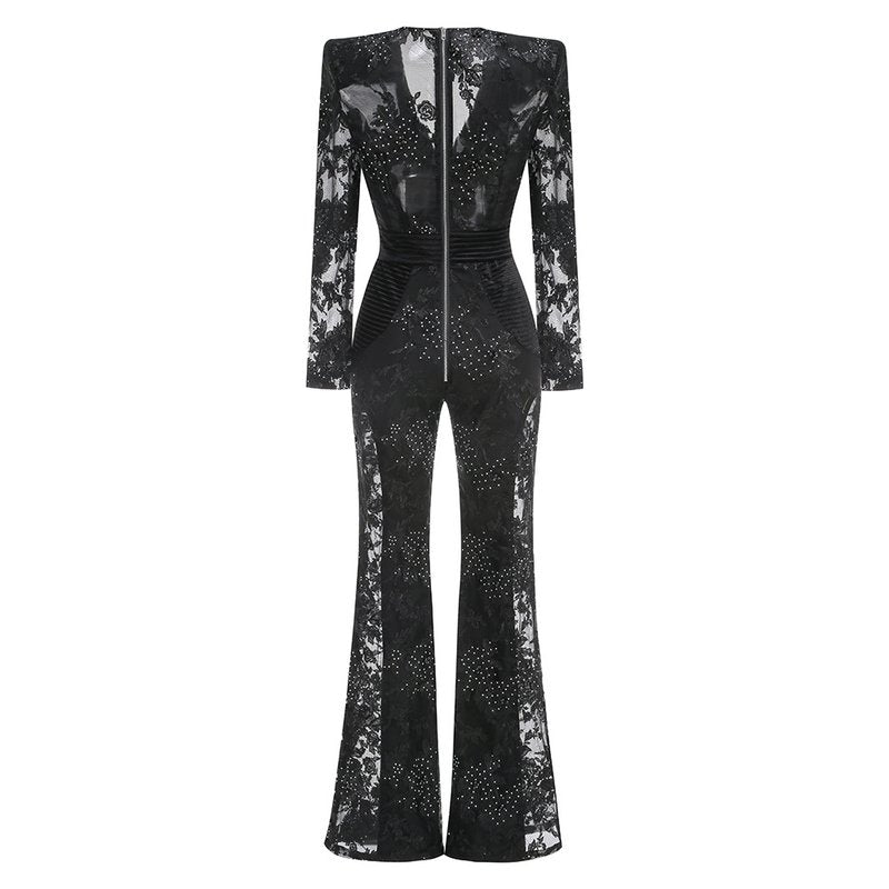 Black Embellished Floral Sheer Jumpsuit H6596