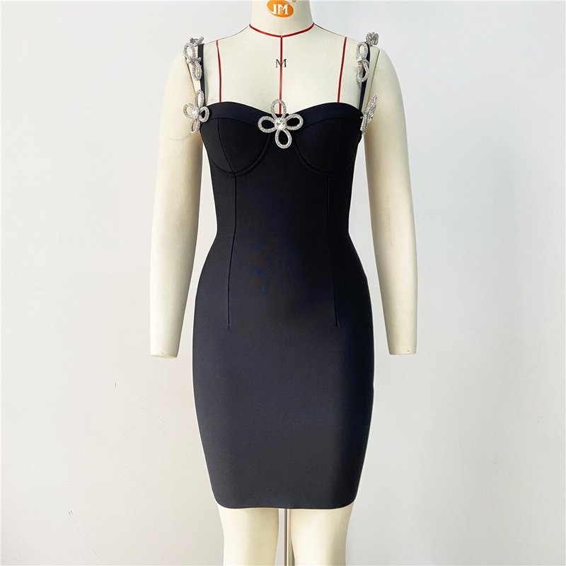 Black Embellished Flower Strap Bandage Dress H6233