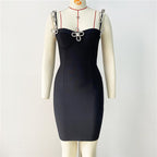 Black Embellished Flower Strap Bandage Dress H6233