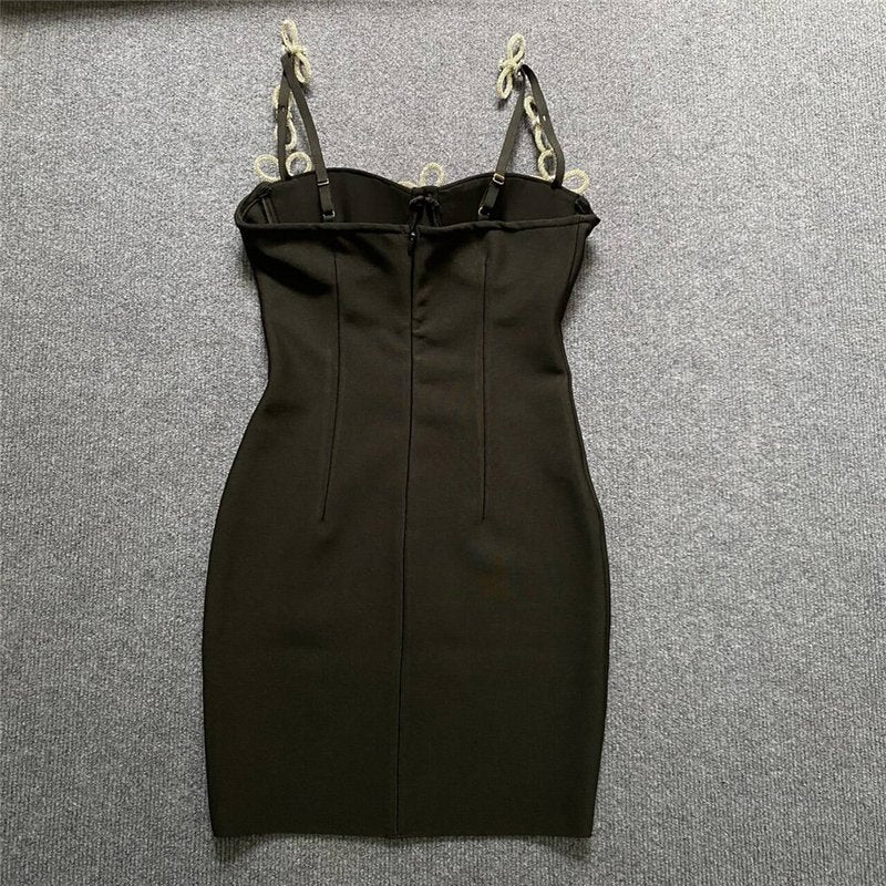 Black Embellished Flower Strap Bandage Dress H6233