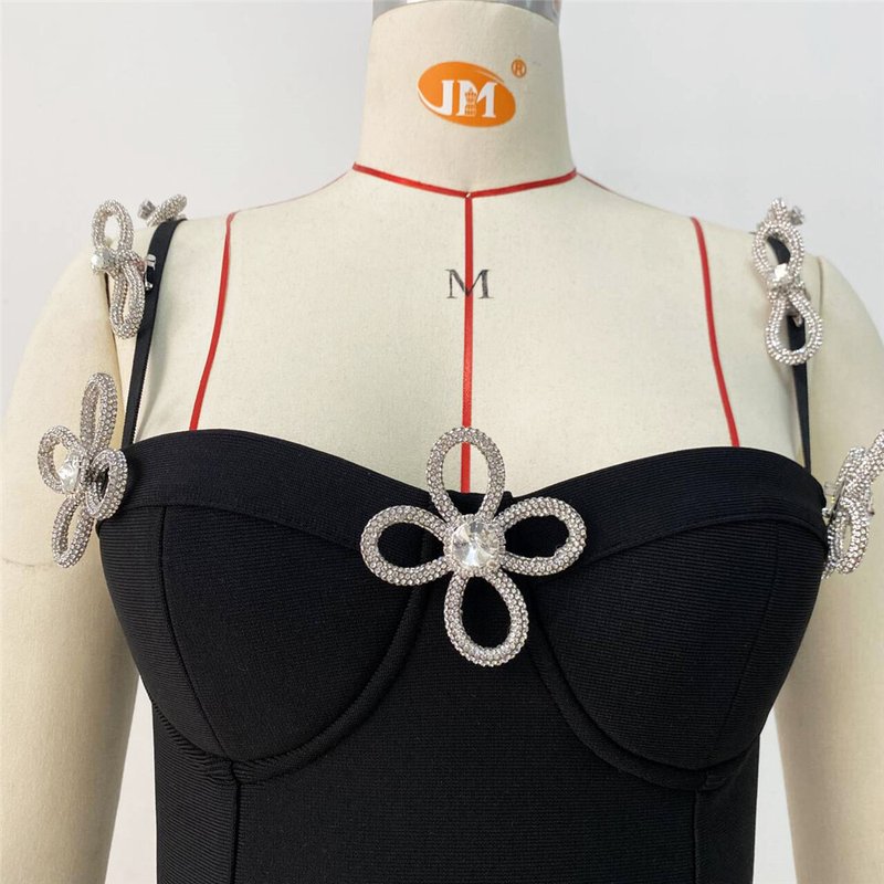 Black Embellished Flower Strap Bandage Dress H6233
