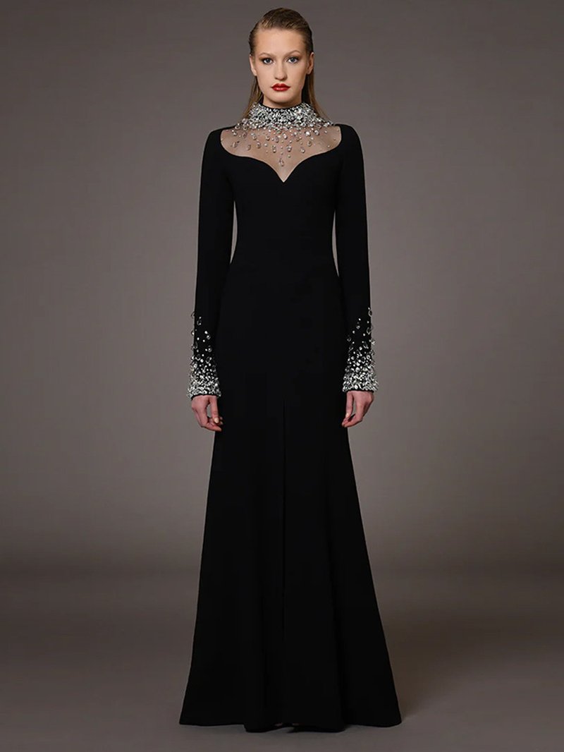 Black Embellished Long Sleeve Gown H6997
