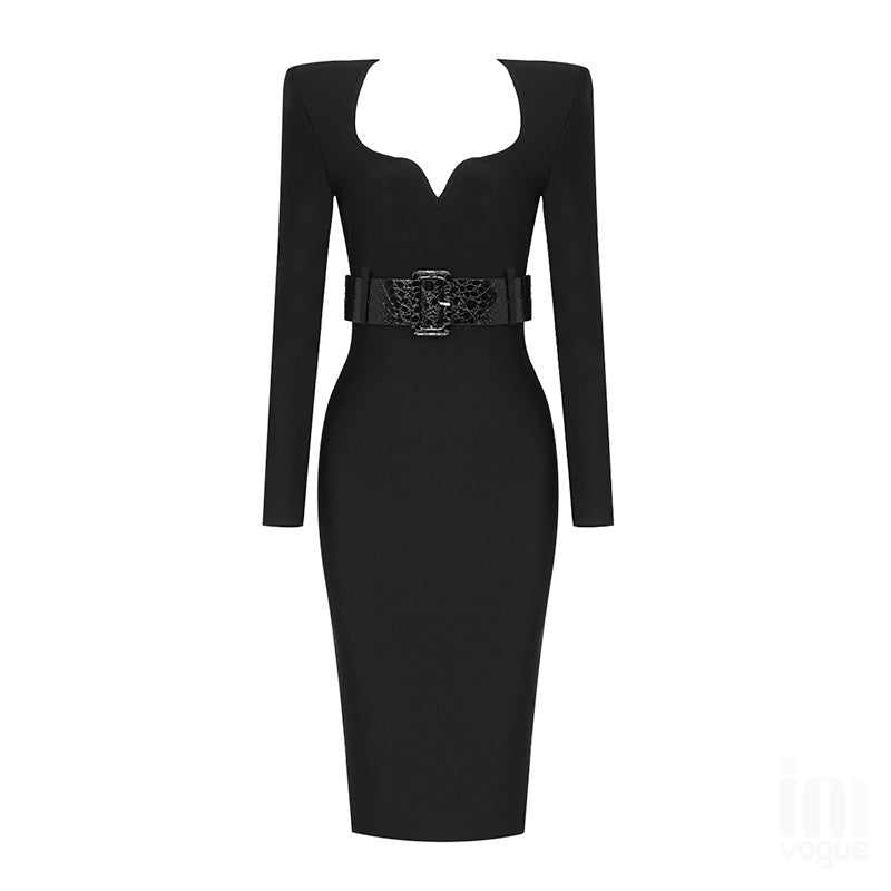 Black Embellished Long Sleeve Midi Dress H4224