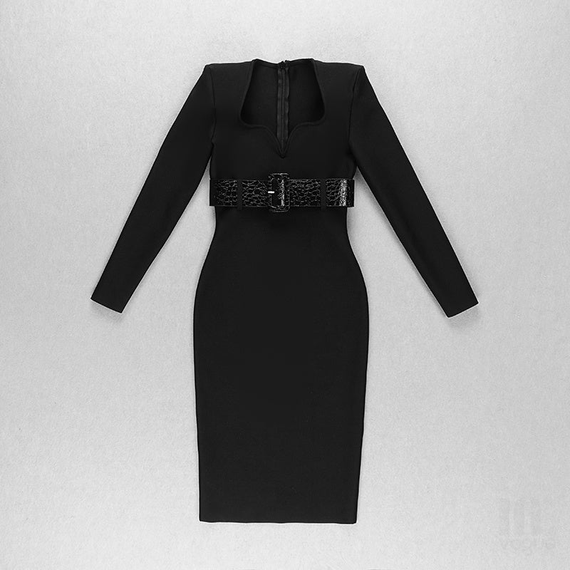 Black Embellished Long Sleeve Midi Dress H4224