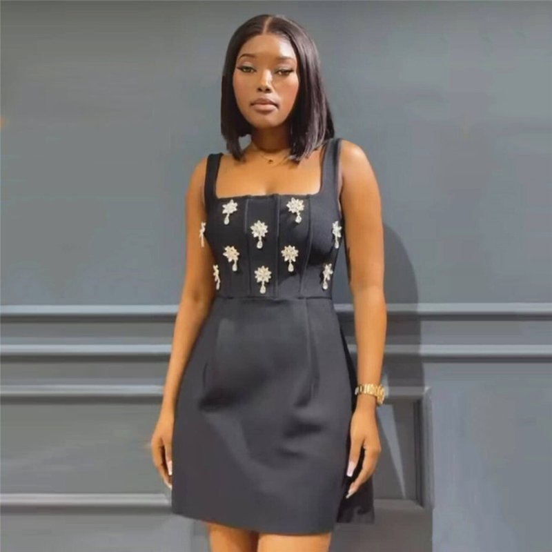 Black Embellished Square Neck Mini Dress H6803