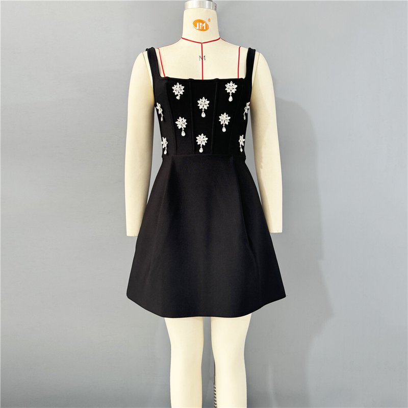 Black Embellished Square Neck Mini Dress H6803
