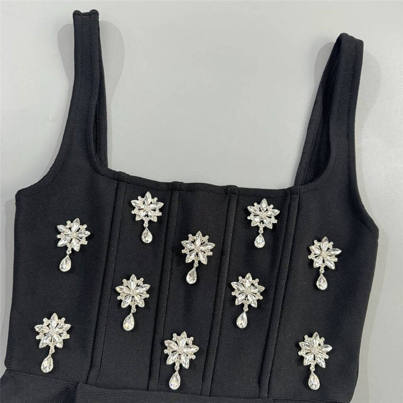 Black Embellished Square Neck Mini Dress H6803