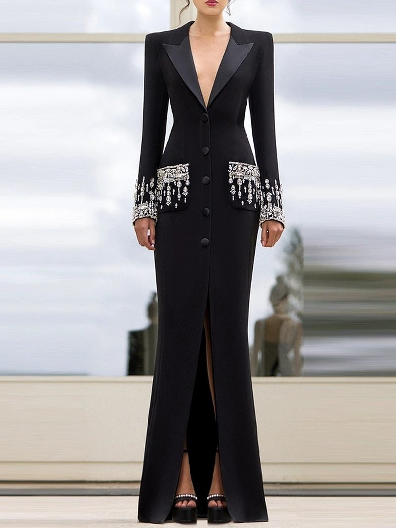 Black Embellished Tuxedo Maxi Dress H6464
