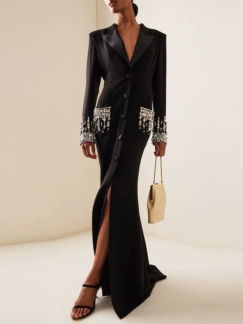 Black Embellished Tuxedo Maxi Dress H6464