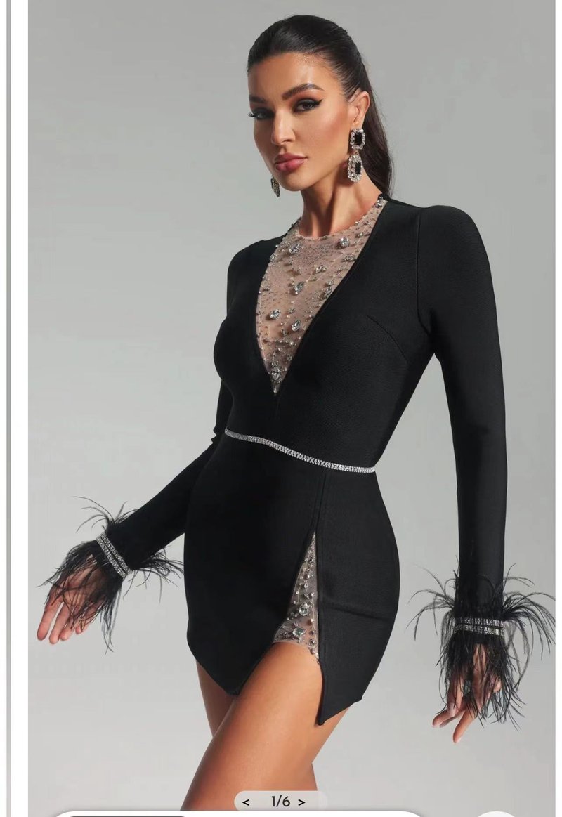 Black Feather Sleeve Embellished Bodycon Dress H6281