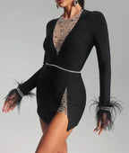 Black Feather Sleeve Embellished Bodycon Dress H6281