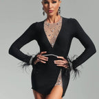 Black Feather Sleeve Embellished Bodycon Dress H6281