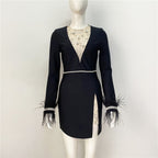 Black Feather Sleeve Embellished Bodycon Dress H6281