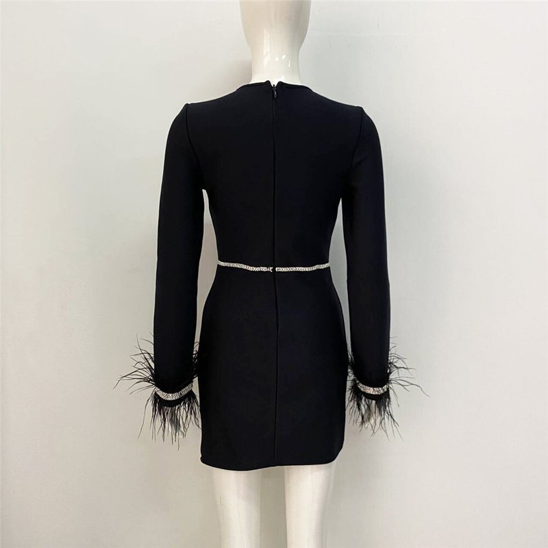 Black Feather Sleeve Embellished Bodycon Dress H6281