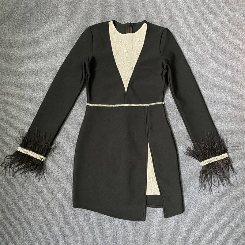 Black Feather Sleeve Embellished Bodycon Dress H6281