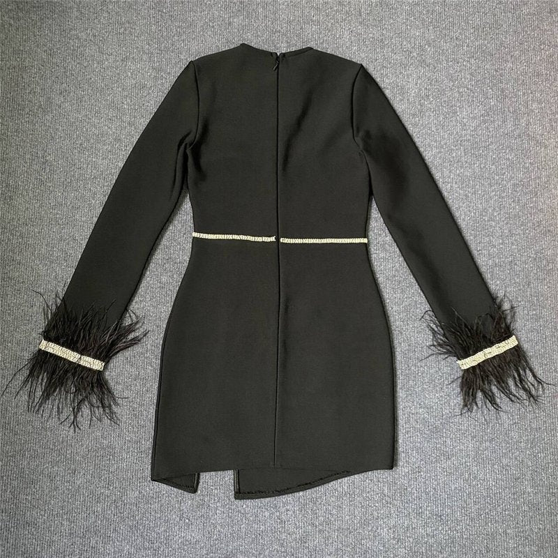 Black Feather Sleeve Embellished Bodycon Dress H6281