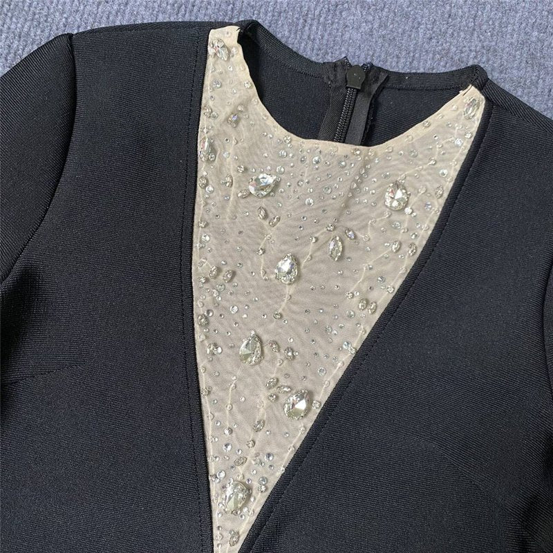 Black Feather Sleeve Embellished Bodycon Dress H6281